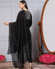 Silk Flared Kurta Set with Zari Embroidery & Solid Dupatta