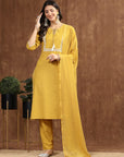 Solid Straight Cotton Linen Kurta Set with Drawstring & Dupatta