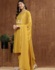 Solid Straight Cotton Linen Kurta Set with Drawstring & Dupatta