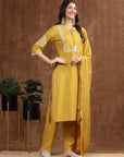 Solid Straight Cotton Linen Kurta Set with Drawstring & Dupatta