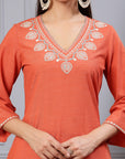 Solid Straight Cotton Linen Kurta Set with Sequin Embroidery & Chiffon Dupatta
