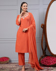 Solid Straight Cotton Linen Kurta Set with Sequin Embroidery & Chiffon Dupatta