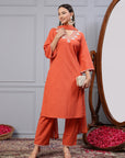 Solid Straight Cotton Linen Kurta Set with Sequin Embroidery & Chiffon Dupatta