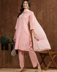 Floral Embroidered Straight Viscose Rayon Kurta Set with Lace Dupatta
