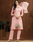 Floral Embroidered Straight Viscose Rayon Kurta Set with Lace Dupatta