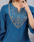 Zari Embroidered Modal Kurta Set with Organza Dupatta & Flared Sleeves