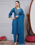 Zari Embroidered Modal Kurta Set with Organza Dupatta & Flared Sleeves