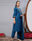 Zari Embroidered Modal Kurta Set with Organza Dupatta & Flared Sleeves