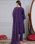 Solid Straight Cotton Linen Kurta Set with Sequin Embroidery & Chiffon Dupatta