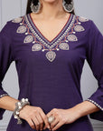 Solid Straight Cotton Linen Kurta Set with Sequin Embroidery & Chiffon Dupatta