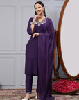 Solid Straight Cotton Linen Kurta Set with Sequin Embroidery & Chiffon Dupatta