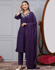 Solid Straight Cotton Linen Kurta Set with Sequin Embroidery & Chiffon Dupatta