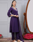 Solid Straight Cotton Linen Kurta Set with Sequin Embroidery & Chiffon Dupatta