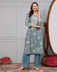 Solid Straight Woolen Kurta Set with Embroidered Yoke & Full Length Sleeves