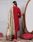 Solid A-Line Silk Kurta Set with Embroidered Yoke & Printed Dupatta