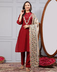 Solid A-Line Silk Kurta Set with Embroidered Yoke & Printed Dupatta