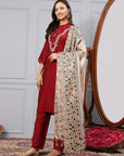 Solid A-Line Silk Kurta Set with Embroidered Yoke & Printed Dupatta