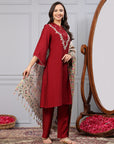 Solid A-Line Silk Kurta Set with Embroidered Yoke & Printed Dupatta