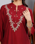 Solid A-Line Silk Kurta Set with Embroidered Yoke & Printed Dupatta