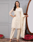 Solid Straight Poly Chanderi Kurta Set with Keyhole Neck & Sequin Dupatta