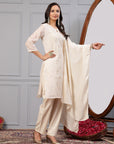 Solid Straight Poly Chanderi Kurta Set with Keyhole Neck & Sequin Dupatta