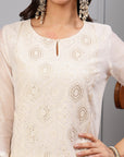 Solid Straight Poly Chanderi Kurta Set with Keyhole Neck & Sequin Dupatta