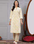 Khadi Printed A-Line Cotton Cambric Kurta with Lace Detailing & Printed Palazzo