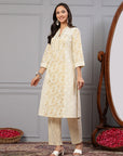 Khadi Printed A-Line Cotton Cambric Kurta with Lace Detailing & Printed Palazzo