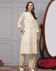 Khadi Printed A-Line Cotton Cambric Kurta with Lace Detailing & Printed Palazzo