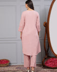 Solid A-Line Cotton Linen Kurta Set with Ari Embroidery & Laced Dupatta