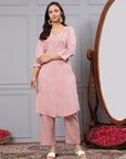 Solid A-Line Cotton Linen Kurta Set with Ari Embroidery & Laced Dupatta