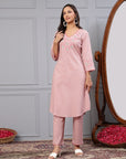 Solid A-Line Cotton Linen Kurta Set with Ari Embroidery & Laced Dupatta