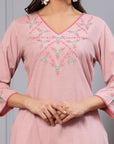 Solid A-Line Cotton Linen Kurta Set with Ari Embroidery & Laced Dupatta