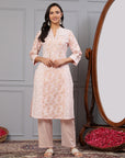 Khadi Printed A-Line Cotton Cambric Kurta with Lace Detailing & Printed Palazzo