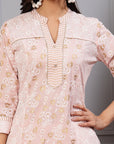 Khadi Printed A-Line Cotton Cambric Kurta with Lace Detailing & Printed Palazzo