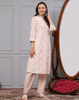 Khadi Printed A-Line Cotton Cambric Kurta with Lace Detailing & Printed Palazzo