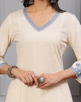Solid A-Line Cotton Linen Kurta Set with Ari Embroidery & Dupatta