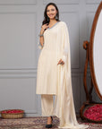 Solid A-Line Cotton Linen Kurta Set with Ari Embroidery & Dupatta
