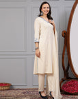 Solid A-Line Cotton Linen Kurta Set with Ari Embroidery & Dupatta