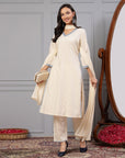 Solid A-Line Cotton Linen Kurta Set with Ari Embroidery & Dupatta