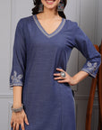 Solid A-Line Cotton Linen Kurta Set with Ari Embroidery & Dupatta
