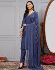 Solid A-Line Cotton Linen Kurta Set with Ari Embroidery & Dupatta
