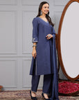 Solid A-Line Cotton Linen Kurta Set with Ari Embroidery & Dupatta