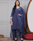 Solid A-Line Cotton Linen Kurta Set with Ari Embroidery & Dupatta