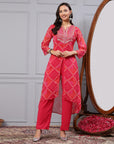 Bandhani Printed A-Line Poly Chiffon Kurta Set with Thread Embroidery