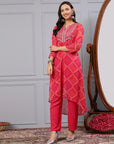 Bandhani Printed A-Line Poly Chiffon Kurta Set with Thread Embroidery