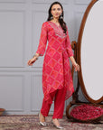 Bandhani Printed A-Line Poly Chiffon Kurta Set with Thread Embroidery
