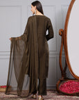 Foil Print V-Neck Kurta Set with Zari Work, Palazzo & Chiffon Dupatta