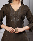Foil Print V-Neck Kurta Set with Zari Work, Palazzo & Chiffon Dupatta