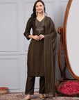 Foil Print V-Neck Kurta Set with Zari Work, Palazzo & Chiffon Dupatta
